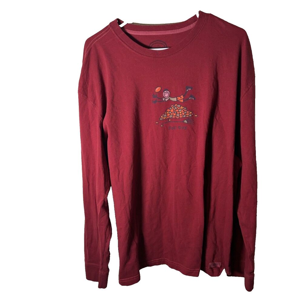 Life Is Good T-Shirt Men's XXL Red Fall Guy Football Leaves Long Sleeve Red